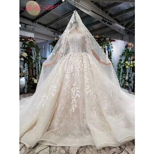 AnXin SH Luxury princess white flower lace high neck beading crystal ruffles vintage ball gown wedding dress 100% real photo