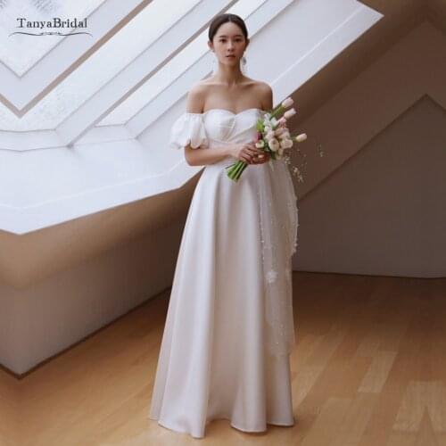 Vintage Simple Wedding Dress A Line Off The Shoulder Puff Short Sleeves Satin Bride Dress Gown Lace Up TT420