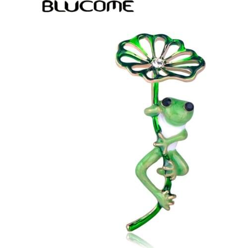 Blucome Green Lotus Leaf Frog Shape Brooch Gold Color Pins Women Girls Kids Suit Hats Accessories Scarf Buckles Enamel Jewelry