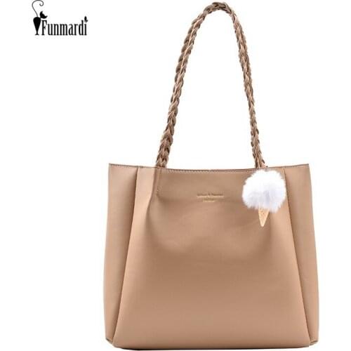 FUNMARDI Weave Handle Women Bag Hairball Design Handbag 2021 New Female Hand Bag Brand Totes Bag Simple Shoulder Bag WLHB2225