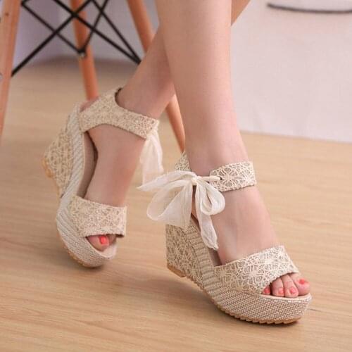 Fashion Womens Shoes With Platform Lace UP Fashion Summer Bow Knot Peep toe Slope Flip Flops Sandals Women Loafers Shoes#G4