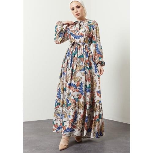 Womens Cream Leaf Pattern Colorful Dress 2022 Trend Evening Dress Kaftan Abaya Dubai Turkey Muslim Fashion Islamic Clothing