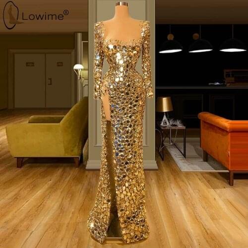 Muslim Long Sleeve Gold Formal Evening Dresses Mermaid Woman Party Sexy Split Square Collar Evening Gowns Robes