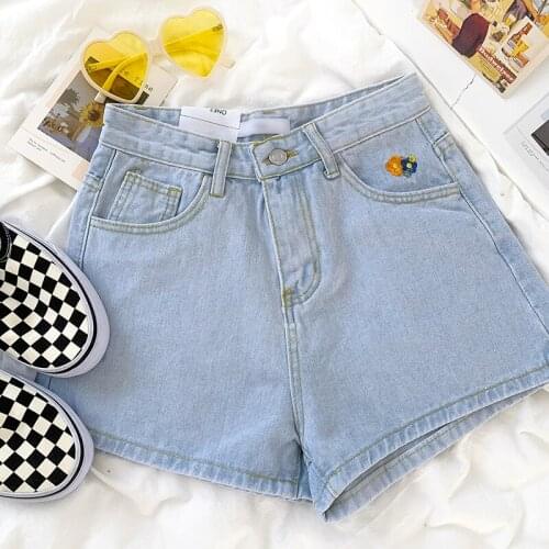 Floral embroidery retro basic summer high-waisted loose thin all-match denim shorts