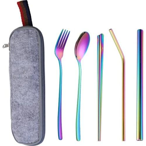 European Stainless Steel Travel Portable Cutlery Set Reusable Metal Straw Spoon Fork Chopsticks and Storage Case Dinnerware Set