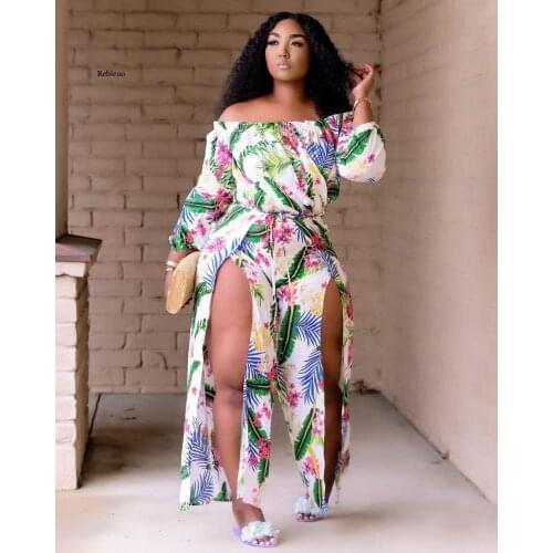 Long Sleeve Off Shoulder Floral Printed Slit Jumpsuit Summer Beach Overalls