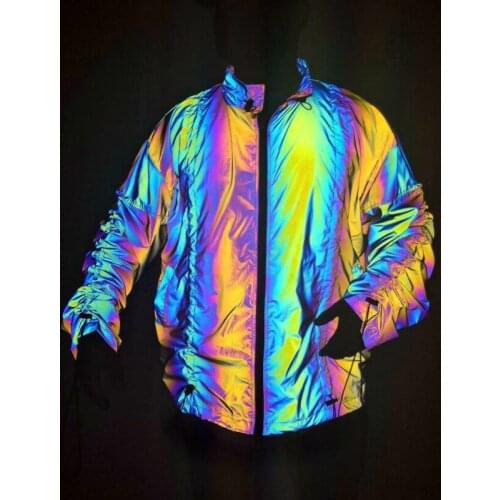 Dropshipping New Men Spring Autumn Colorful Reflective Stand-up Collar Jacket Drawstring Pleated Hip-hop Loose Windbreaker coats