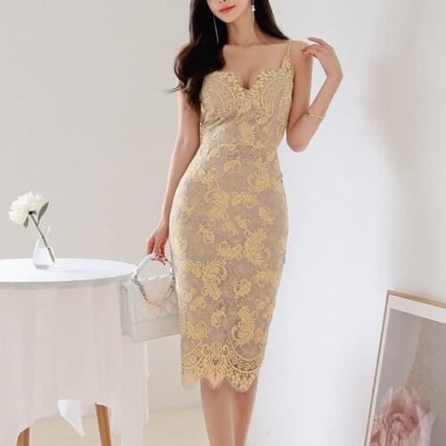 Fashionable Lace Bodycon Women Midi Dress Sexy V Neck Party Clubwear Pencil Spaghetti Straps Casual Street Dresses