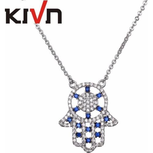 KIVN Fashion Jewelry Sparkling Pave CZ Cubic Zirconia Turkish Blue Eye Hamsa Womens Girls Pendant Necklaces Birthday Gifts