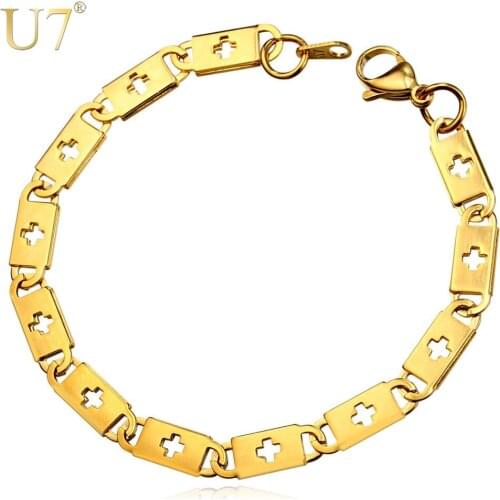 U7 Chain Bracelet Men Jewelry Wholesale Stainless Steel Trendy Gold Color Cross Hollow Link Chain Bracelets H832