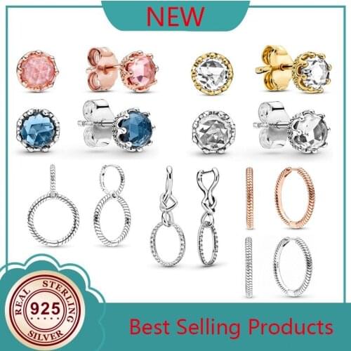 2021 New 925 Silver Moments Heart-shaped Double Ring Pink Crown Earrings Womens Wedding Holiday Gift Diy Charm Jewelry