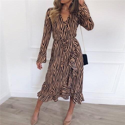 NEW Women Zebra Print Long Dresses Sexy Irregular Chiffon Dress High Waist Casual Long Sleeve V Neck Ruffles Elegant Party Dress