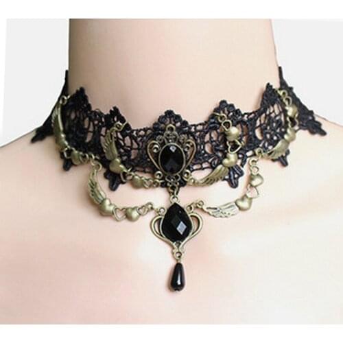 Fashion Collares Sexy Gothic Chokers Crystal Black Lace Neck Choker Necklace Vintage Victorian Women Chocker Steampunk Jewelry