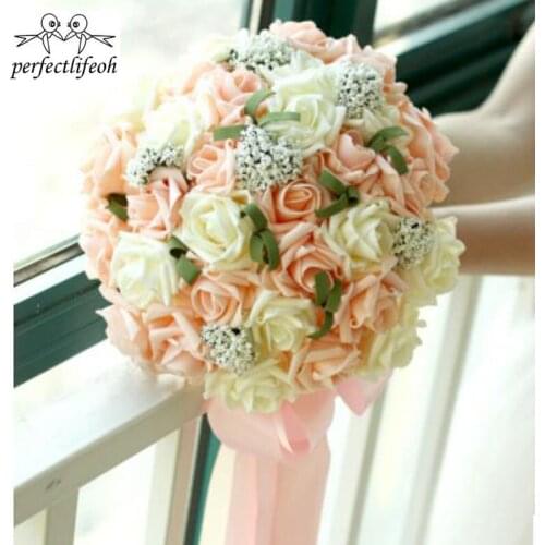 Perfectlifeoh Bride holding flower bridesmaids wedding champagne rose simulation flowers