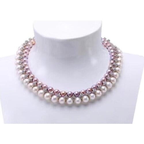 Stunning 8.5-10mm 2row Freshwater pearl necklace 925silver+zircon