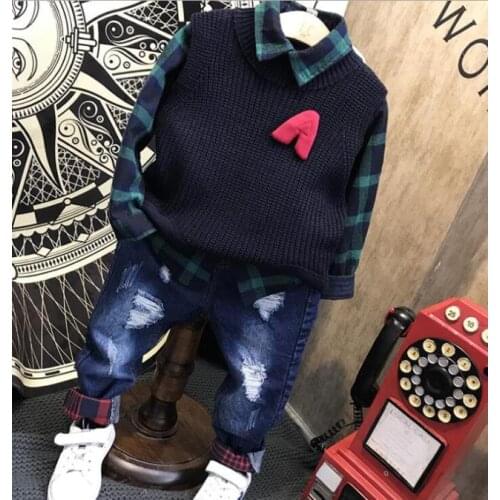 Children casual outfit Baby Boys Sets Autumn winter Boys Sets Clothes Knit vest + shirt+jeans 3pcs cotton sports Kids Suit 2-6Y