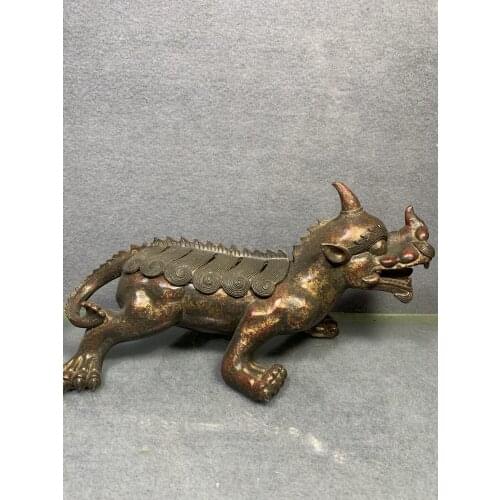 11" Tibet Buddhism Old Bronze Cinnabar Unicorn statue Incense burner Unicorn statue incense burner Town House Ward off evil spir