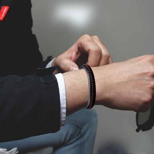 Vintage Double Hand-woven Leather Bracelet Steel Men Button Bangles Men Jewelry Gift M7L8