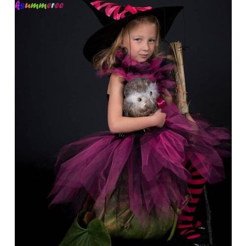 Hot Pink and Black Girls Witch Tutu Dress Children Tutu Halloween Costume Kids Masquerade Carnival Party Clothing Fancy Dress