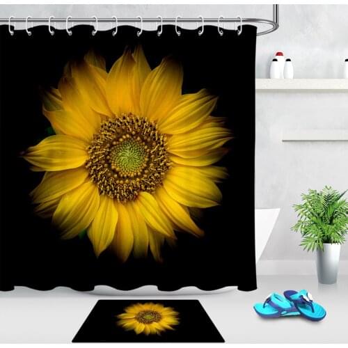 Yellow Flower Sunflower Modern Shower Curtain Polyester Waterproof Mildew Fabric Eco-Friendly Bathroom Curtain or Door Mat