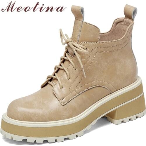 Meotina Women Genuine Leather Fashion Boots SheepSkin Platform Thick High Heel Shoes Ankle Boots Lace Up Ladies Boots Autumn