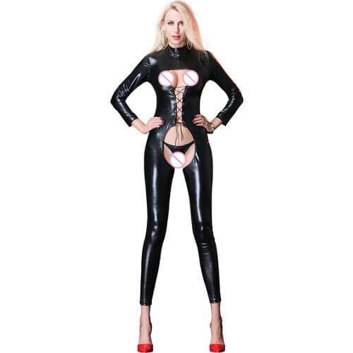 Women Wetlook Black Sexy Faux Leather Bodysuit Sexy Lingerie Exotic G-string High Neck Long Sleeve Crotchless Jumpsuit Clubwear