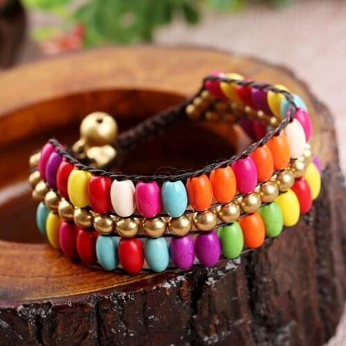 Bohemia Style Creative Turquoise Copper Beads Thai Wax Rope Hand-Woven Double Row Women Bracelets On Hand Chain Bangles Female
