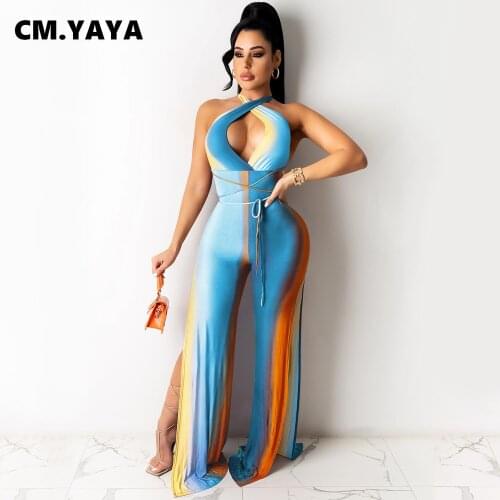 CM.YAYA Women Jumpsuit Color Painting Sleeveless Cut Out Bandage Long Flare Jumpsuits Sexy Fashion Streetwear Summer Outfit 2021