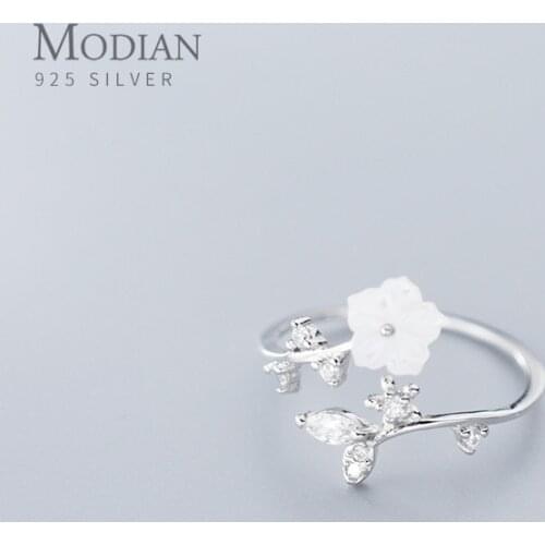 Modian New 925 Sterling Silver Radiant Zircon Leaves White Shell Flower Free Size Ring for Women Plant Ring Original Jewelry