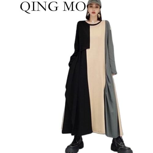 QING MO Autumn Fashion Contrast Color Stitching Long Dress Loose Large Size 2021 New Trend Pocket Pullover Dress Women ZWL677