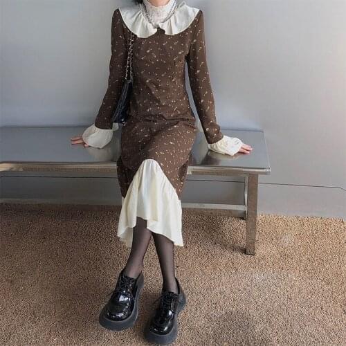 Bella 2021 Women Elegent Ruffle Print Dress Female High Waist Winter Autumn Korean Party Dress Lady Retro Long Sleeve Vestido