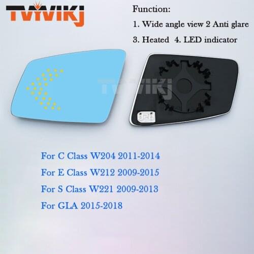 1 pair Side Rearview Mirror Blue Glass Lens LED indicator For Mercedes Benz GLA GLK W204 W212 W221 09-18 Wide Angle anti glare