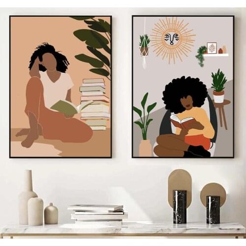 Abstract Black Girl Fashion Illustration Prints Nordic Posters Reading Book Canvas Painting Boho Style Wall Art Pictures Decor