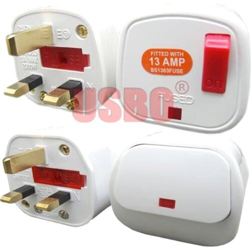 White 13A 250V British standard 3pins detachable wiring plug with fuse independent switch indicator UK Hong Kong socket Type-I