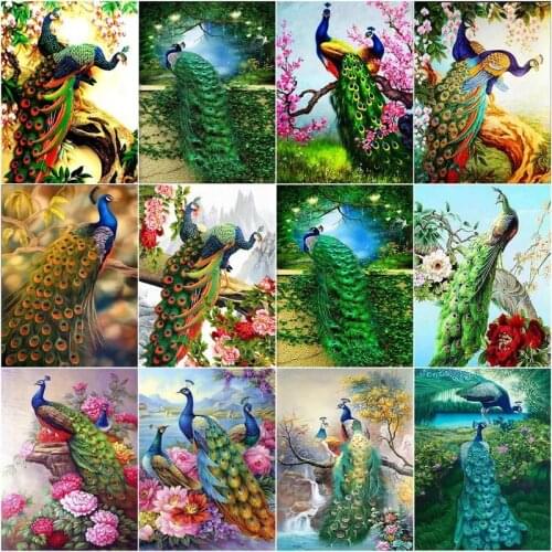 CHENISTORY 5D Full Square / Round Diamond Painting Green Peacock Embroidery Cross Stitch Animal Home Decor Mosaic Gift