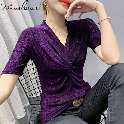 Summer European Clothes T-Shirt Fashion Sexy V-Neck Knotted Shiny Diamonds Women Tops Short Sleeve All Match Tees 2021 T14701A