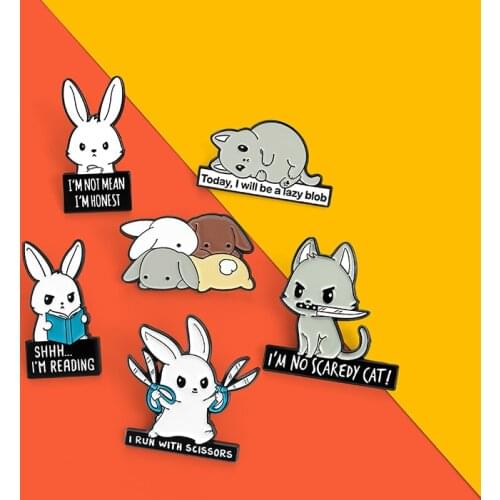 Custom Book Scissors Bunny Cats Enamel Pins Rabbits Collection Brooch Lapel Badge Bag Cartoon Animal Jewelry Gift For Kid Friend
