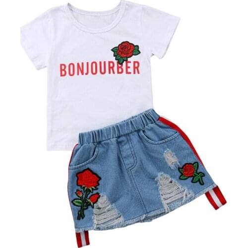 Toddler Newborn Kids Baby Girl Clothes Set Summer Short Sleeve Flower Letter T-shirt Floral Skirts Denim Girls Clothing 2PCs