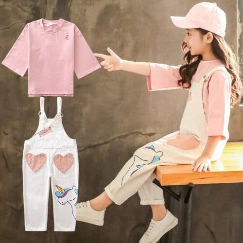 Cartoon White Overalls Baby Girls Suit 5 6 8 years Unicorn Cotton Trousers Two-Piece Spring Autumn Childrens Clothing