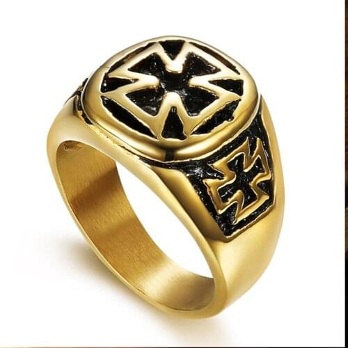 New style mens stainless steel ring gold color cross knight temple ring jewelry retro jewelry