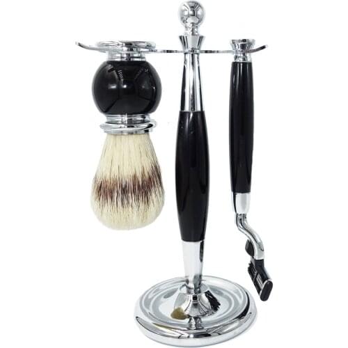 WLONG Wet Shave Brush Set Classic Black Acrylic Handles Mach 3 Razor Metal Stand Holder for Men