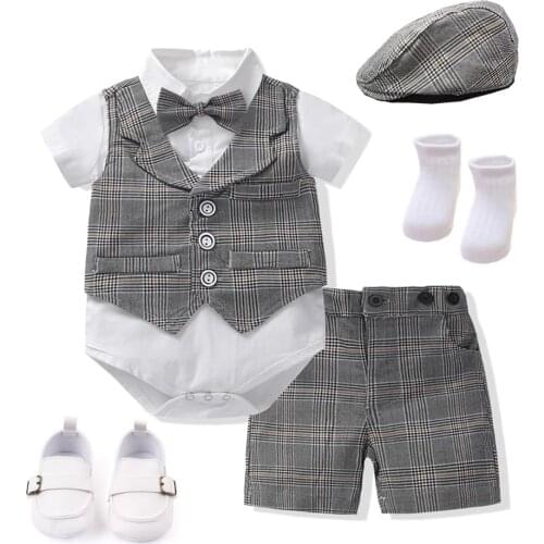 2021 New Summer Baby Clothing Newborn Boys Cotton Outfits 7 PCS/Set Formal Children Party Birthday Dresses Kids Plaid Costume