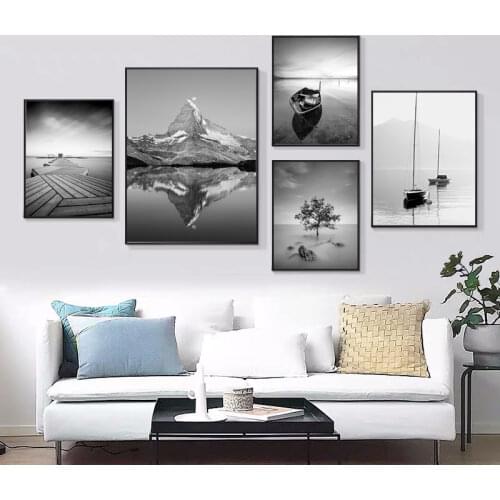 Boat Wharf Lake Mountain Natural Scenery Black White Poster Pictures Canvas Painting Wall Art Modern Home Decoration Living Room