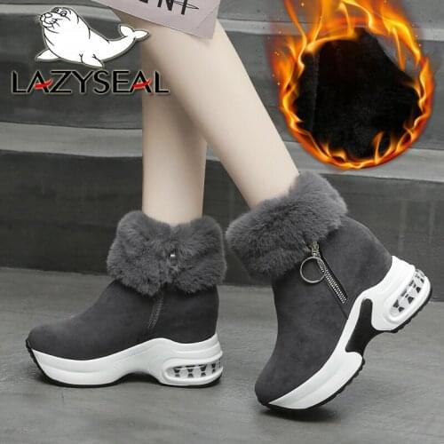 LazySeal 2020 New Furry Winter Height Increasing Women Ankle Boots Warm Cotton Plush Snow Booties Platform Shoes Big Size 41