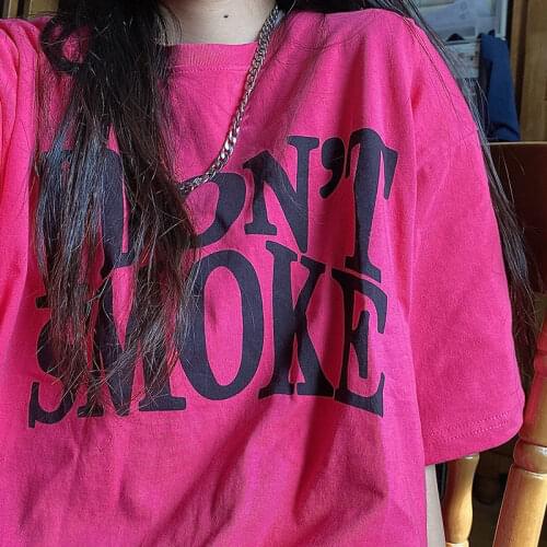 2021 New Hip-hop Style Refuses To Smoke Classic Street Fashion Brand Printing Casual Basic Rose Red Short Sleeve Woman Tshirts