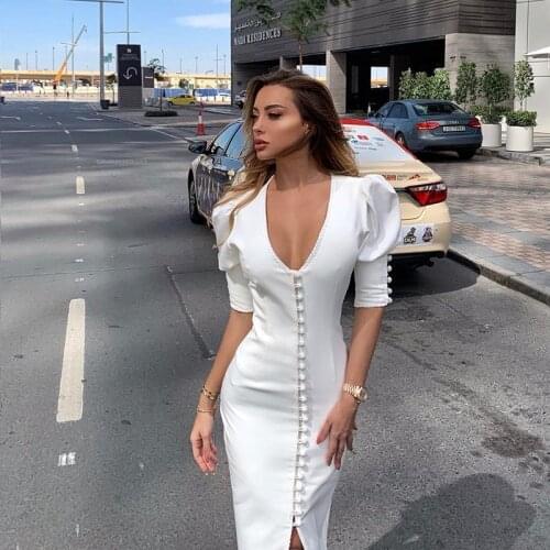 Ladies Sexy Single Breasted Puff Sleeve Deep V Neck White Midi Dress 2019 Women Hip Package Basic Bodycon Slim Fitness Outfits