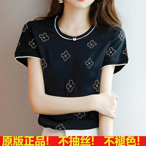 Silk splicing cotton T-shirt womens top 2021 spring and summer new slim large mulberry short sleeve shirt with diamond