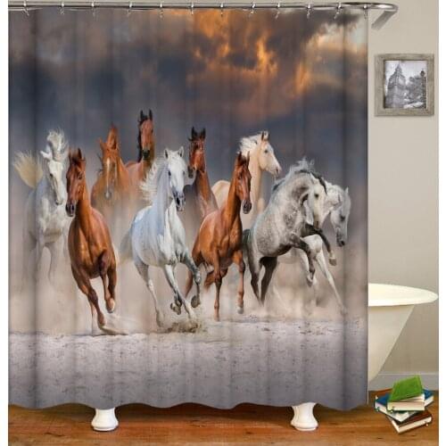 Run Horse Shower Curtain With Hooks Fabric Cat Owl Wolf Tiger Lion Wild Animal 3d Curtains Home Decoration Bathroom With Hooks