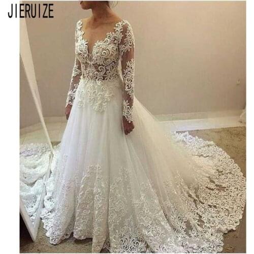 JIERUIZE Wedding Dresses With Illusion Long Sleeves Scoop Neck A Line Lace Appliques Zipper Boho Bridal Gowns robe de mariree