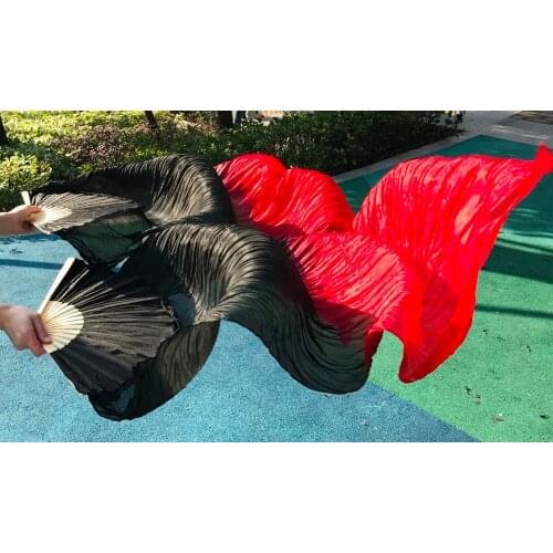 Hits 2018 High selling women Quality Silk Belly Dance Fan Dance 100% Real Silk Veils 1 pair (2pcs) black+red